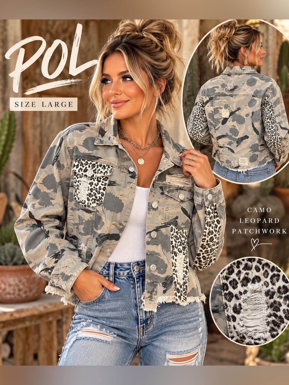 POL Camo Leopard Patchwork Distressed Denim Jacket Size Large